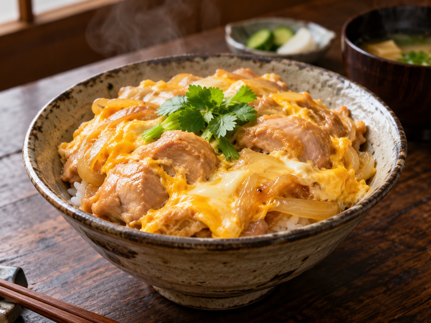 Illustration of rice bowl with moist chicken and softly set golden egg onions