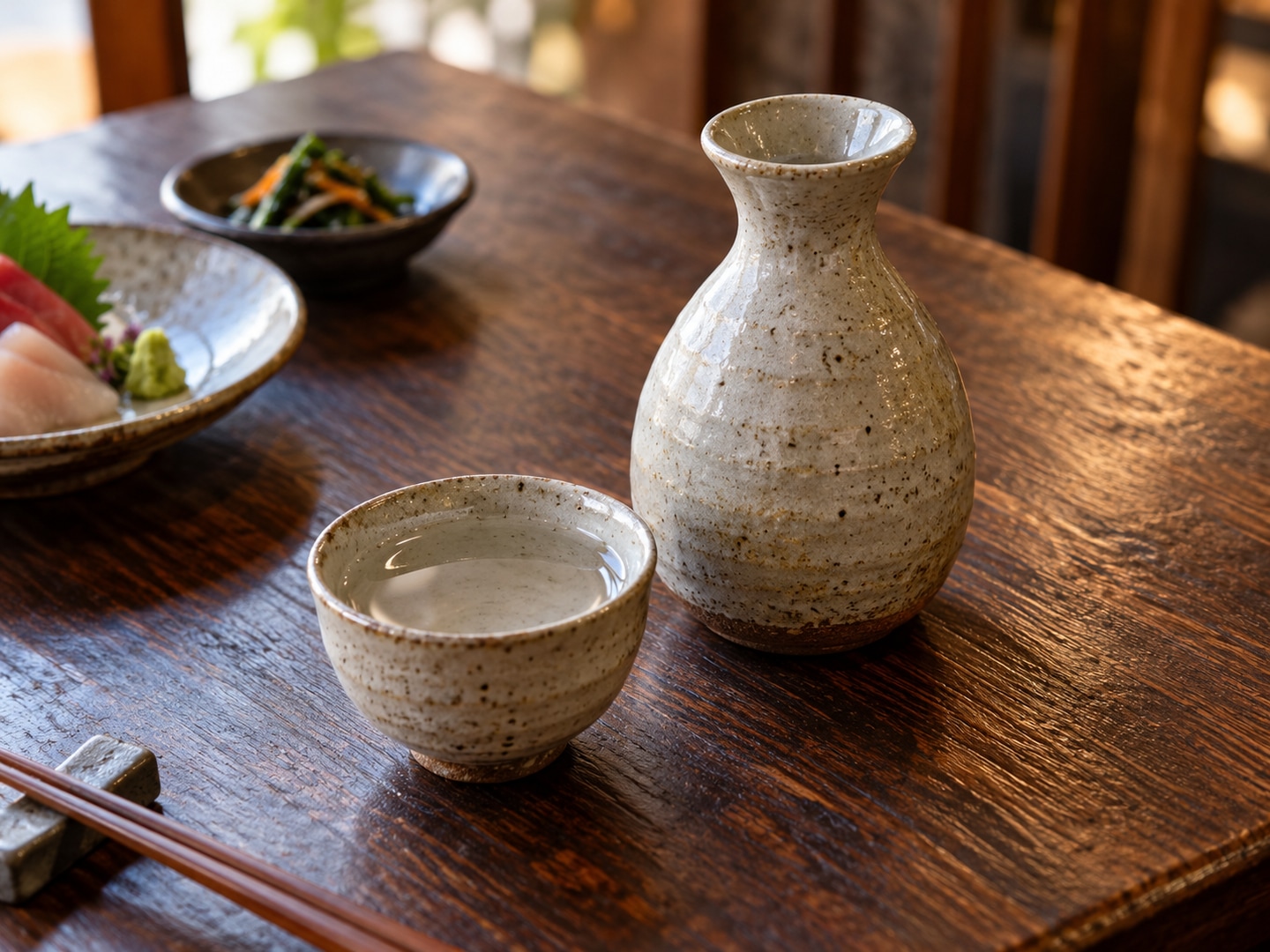 Illustration of clear sake in small ceramic cup beside plain ceramic carafe