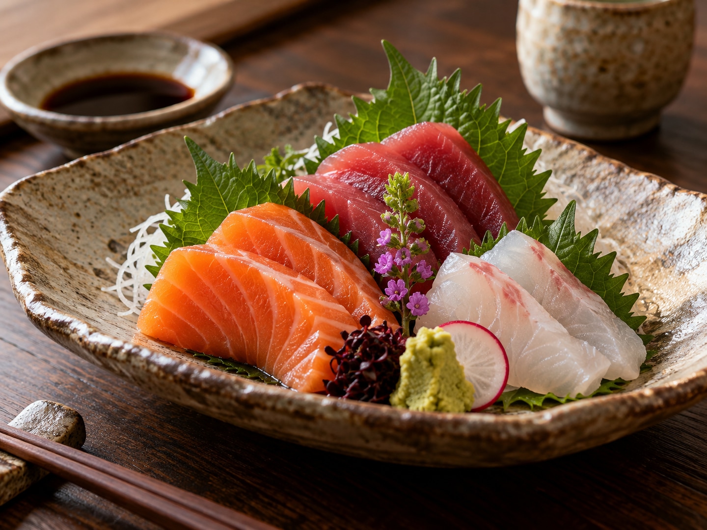 Illustration of fresh salmon tuna and white fish slices arranged on shiso
