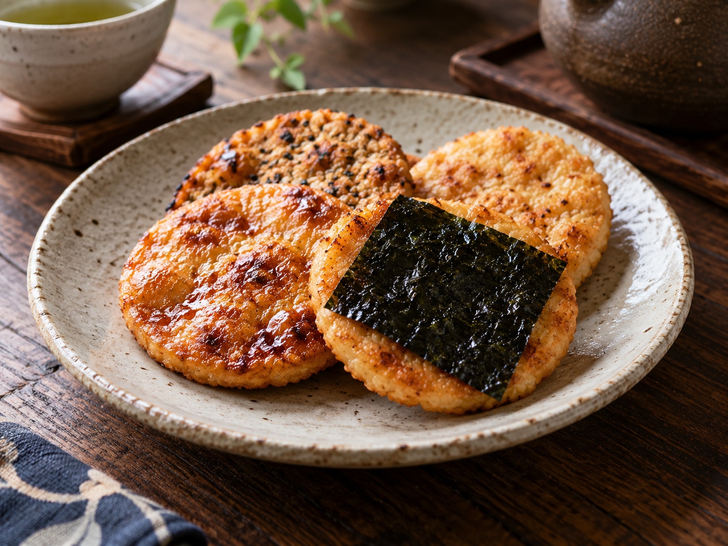 Illustration of rustic toasted rice crackers one with nori plain dish
