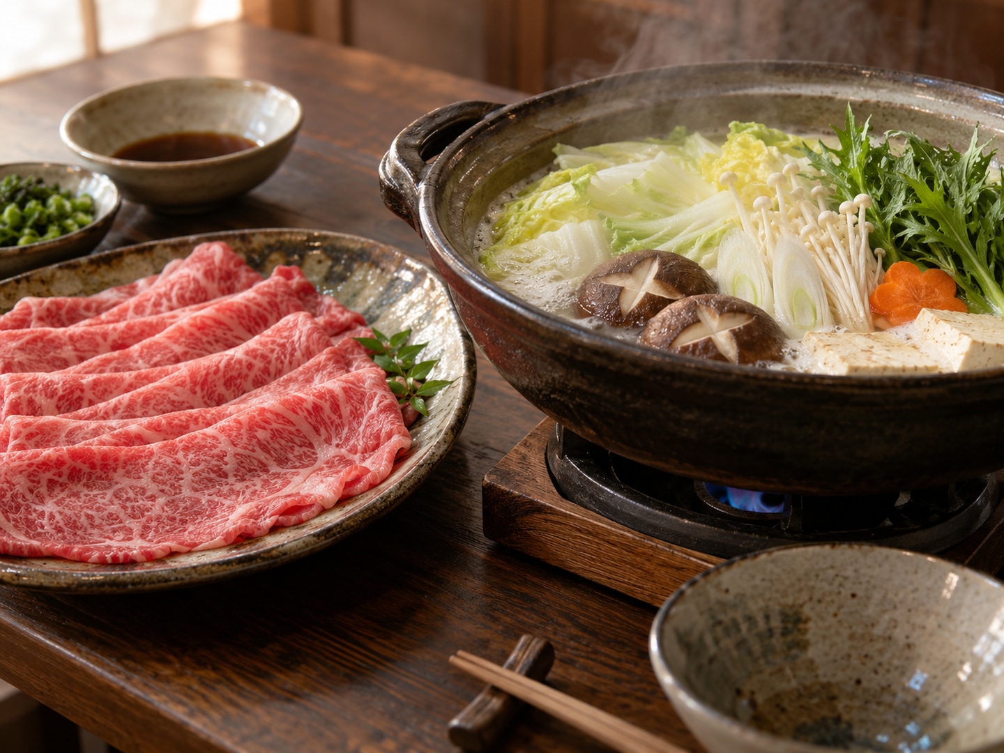 Illustration of hot pot with pale simmering broth vegetables, plate of thin raw marbled beef beside it