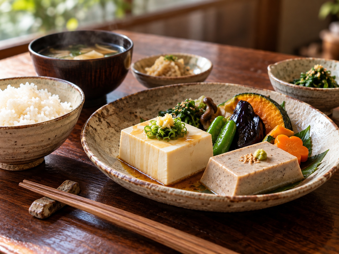 Illustration of vegetarian Buddhist Japanese meal tofu sesame tofu seasonal vegetables rice