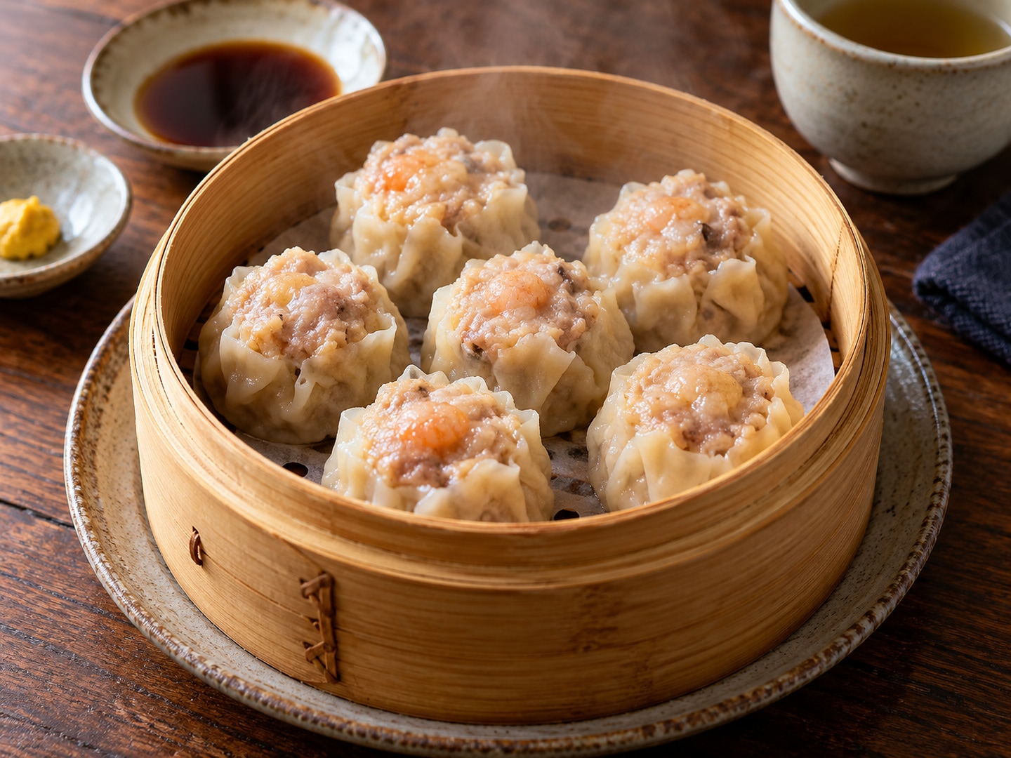 Illustration of steamed pork shumai in bamboo basket natural folds