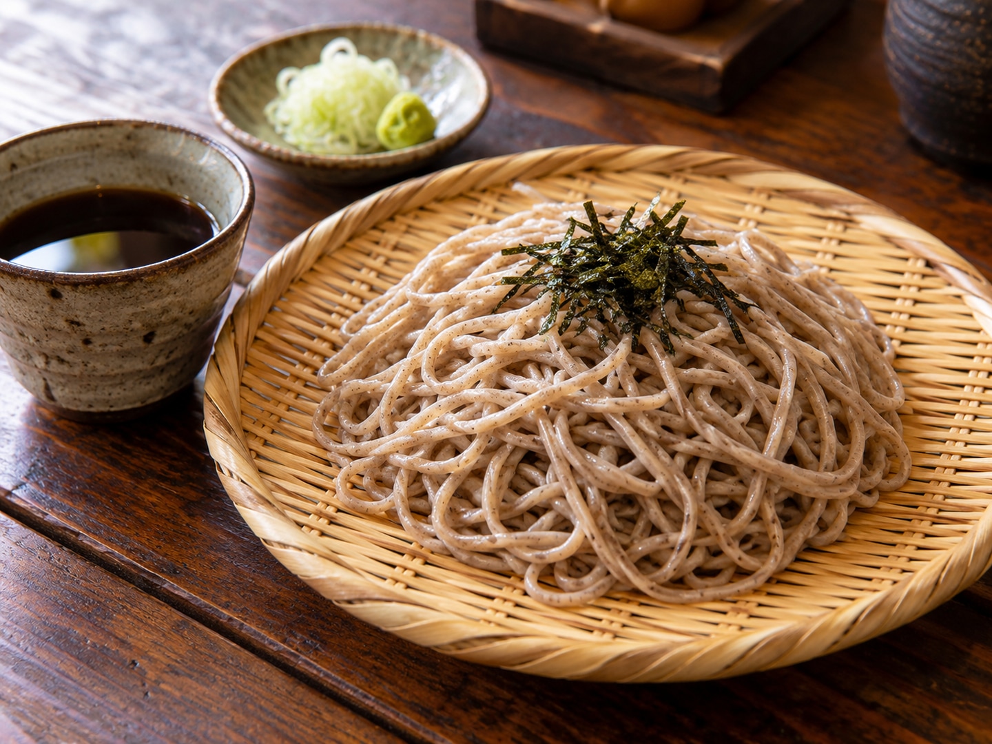 Illustration of cold buckwheat noodles on bamboo zaru tray and small dipping cup