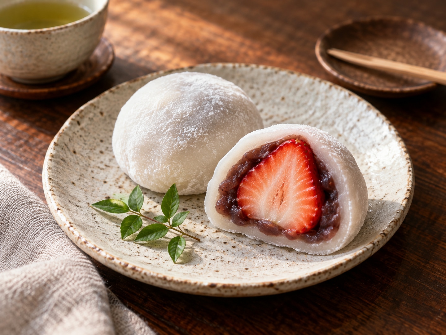 Illustration of white mochi one cut showing strawberry red bean filling