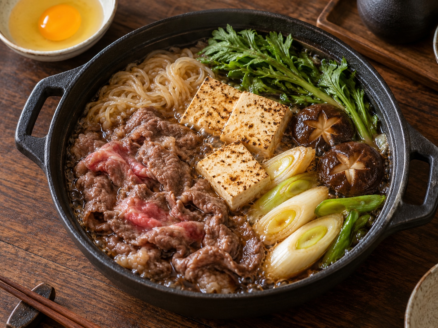 Illustration of shallow cast iron pot with thin beef, tofu, shiitake and leeks in sweet dark broth