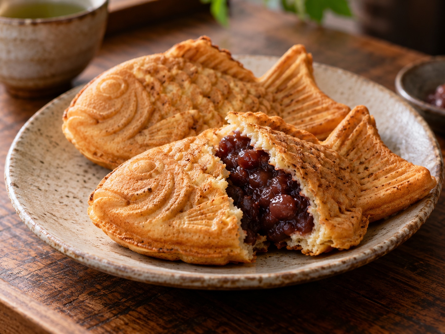 Illustration of golden fish shaped baked pastry one broken red bean filling