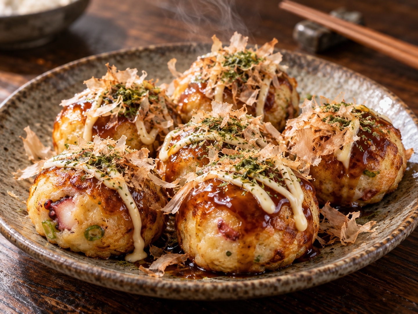 Illustration of six golden octopus balls with sauce mayonnaise bonito