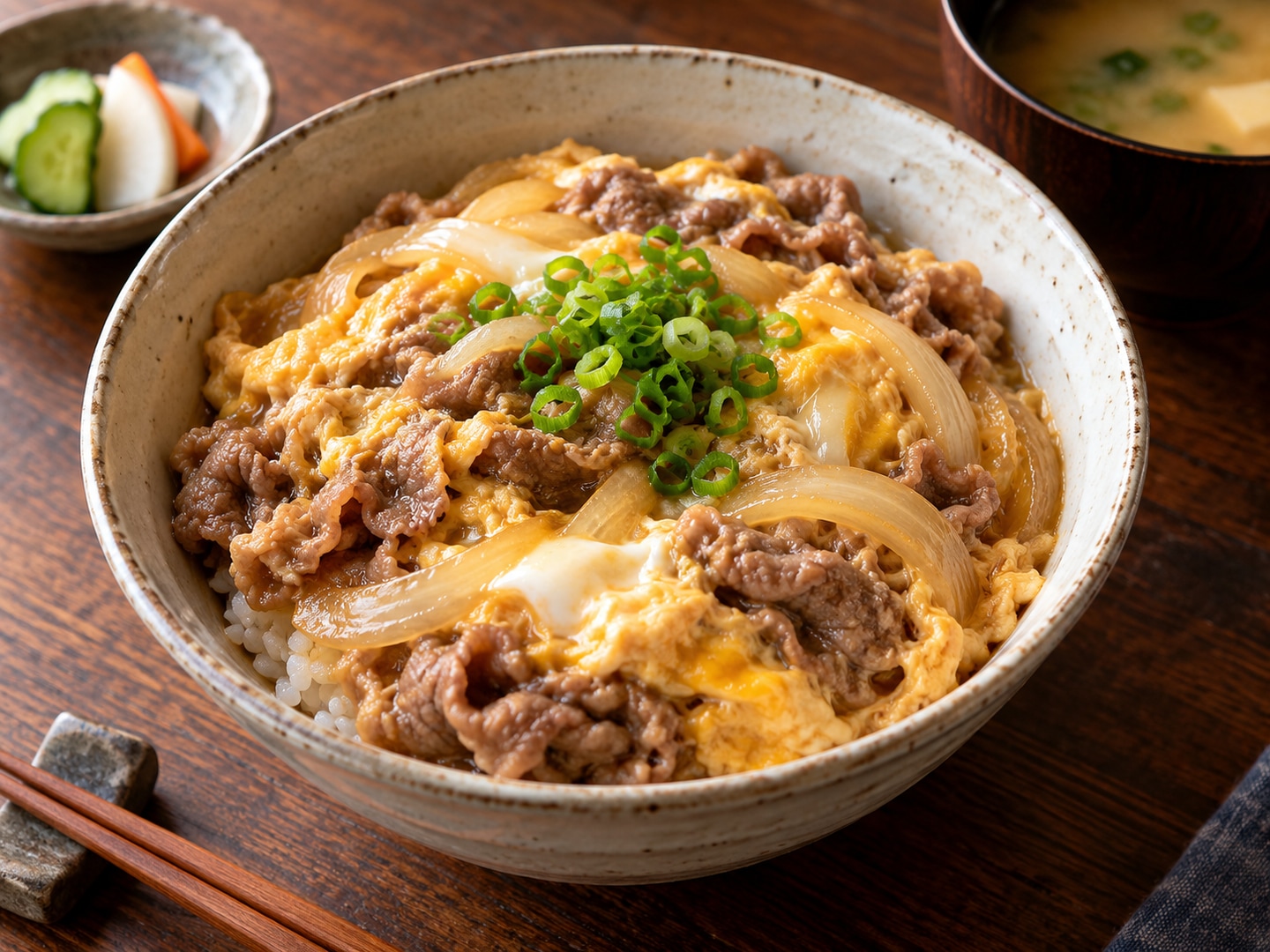 Illustration of rice bowl with thin cooked beef and softly set egg onions