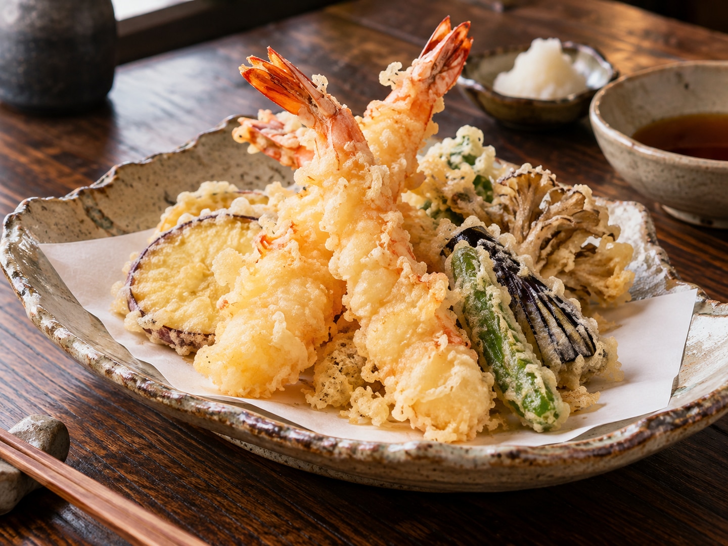 Illustration of delicate irregular tempura prawns and vegetables on ceramic plate