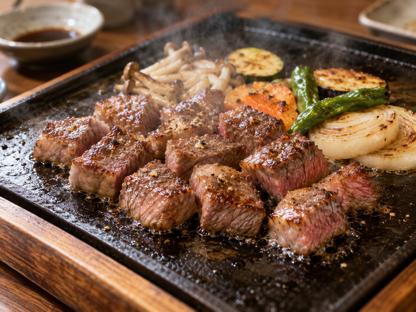 Illustration of beef cubes and vegetables sizzling on flat iron griddle