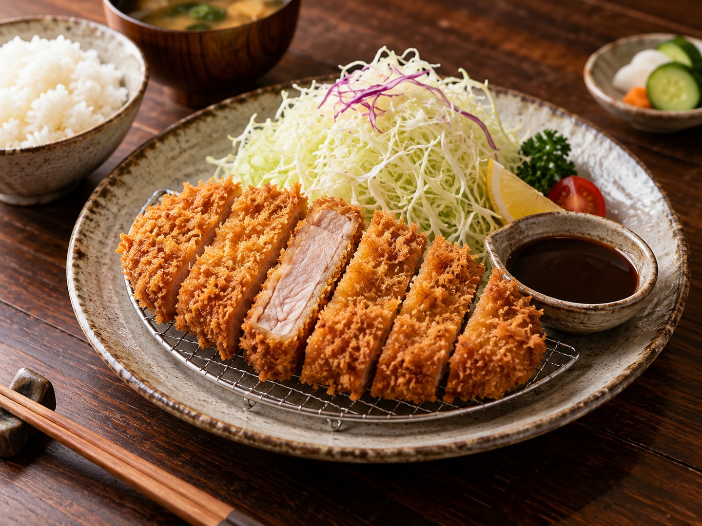Illustration of golden breaded pork cutlet sliced, shredded cabbage and dark sauce