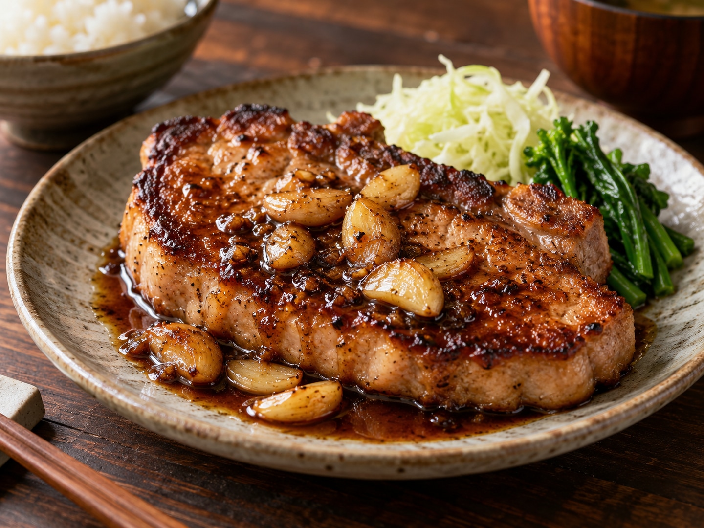Illustration of thick pork steak with garlic cloves and glossy dark sauce
