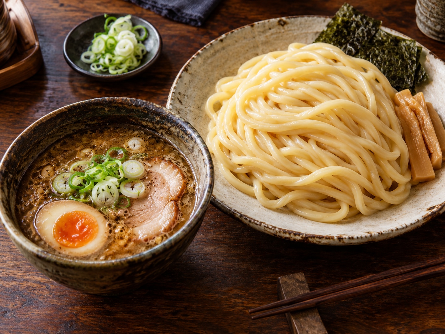Illustration of separate mound of thick glossy cold noodles on a plate and small bowl of hot concentrated dipping broth