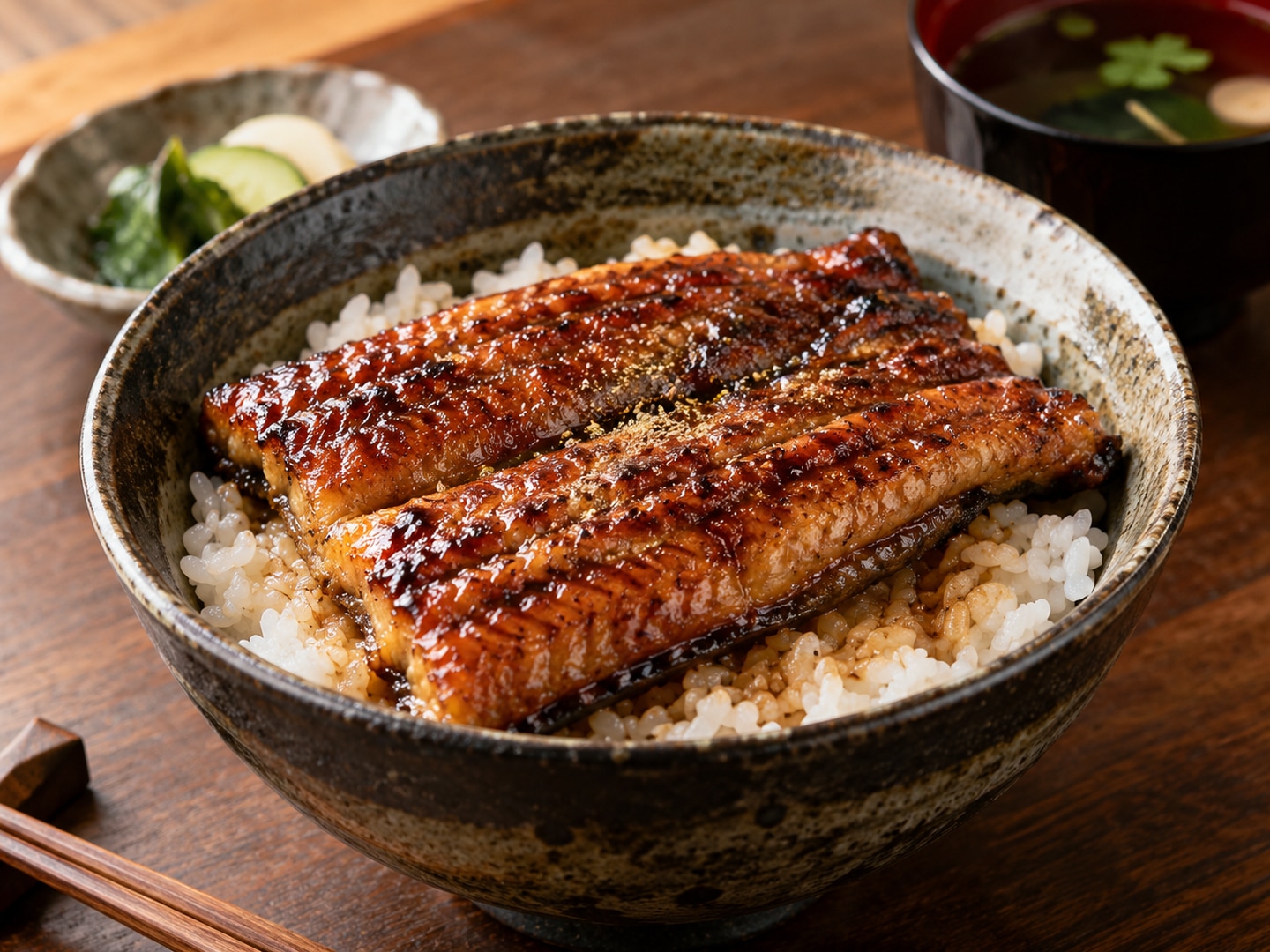Illustration of lacquered grilled eel fillet over white rice in bowl