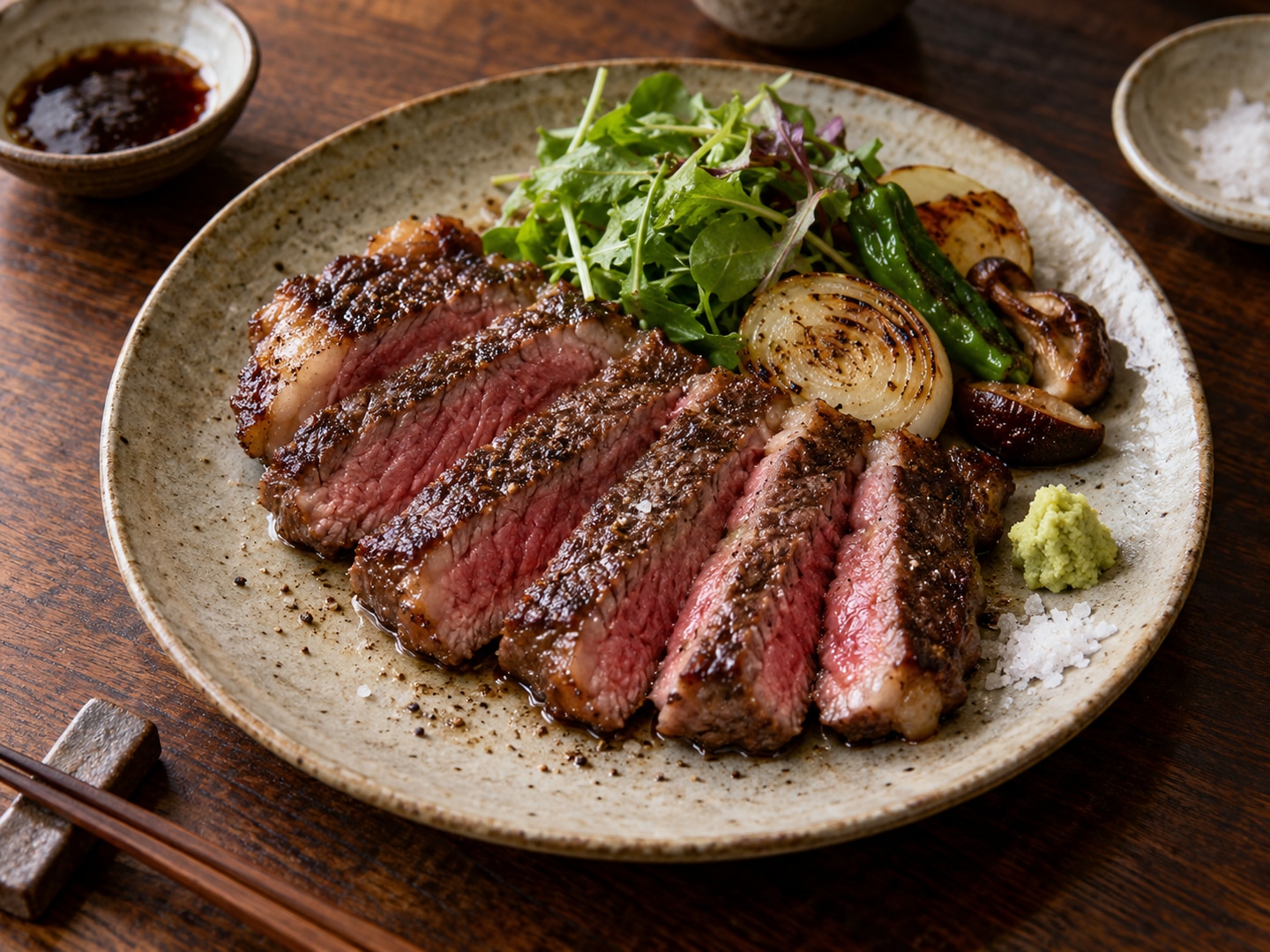 Illustration of seared wagyu steak sliced showing rosy juicy center, charred crust