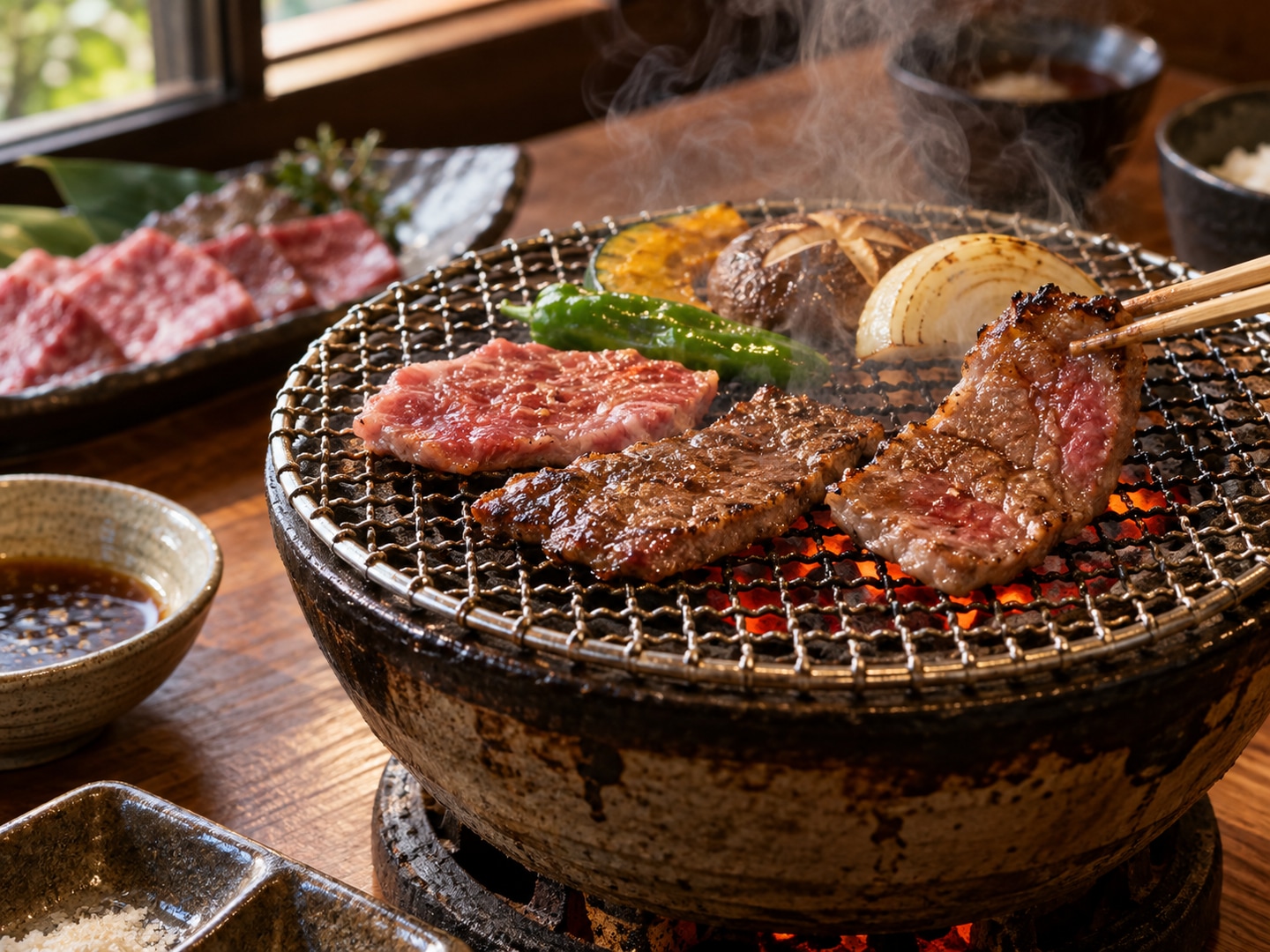Illustration of beef slices sizzling on Japanese tabletop mesh grill