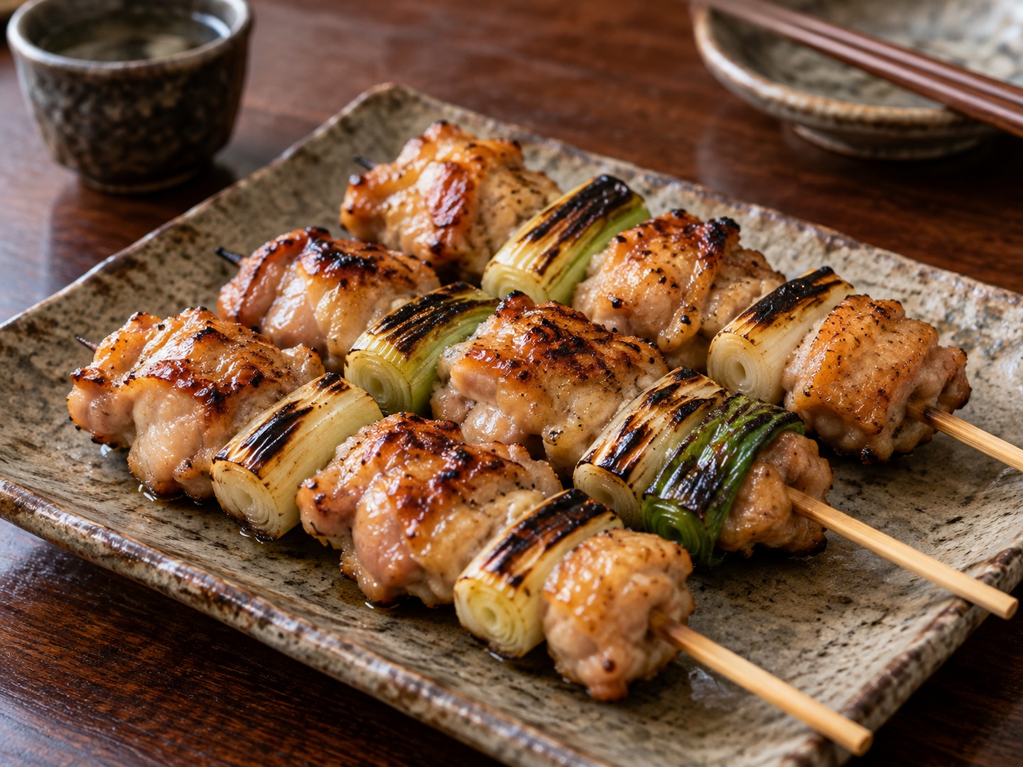 Illustration of three irregular grilled chicken thigh and leek skewers with char marks