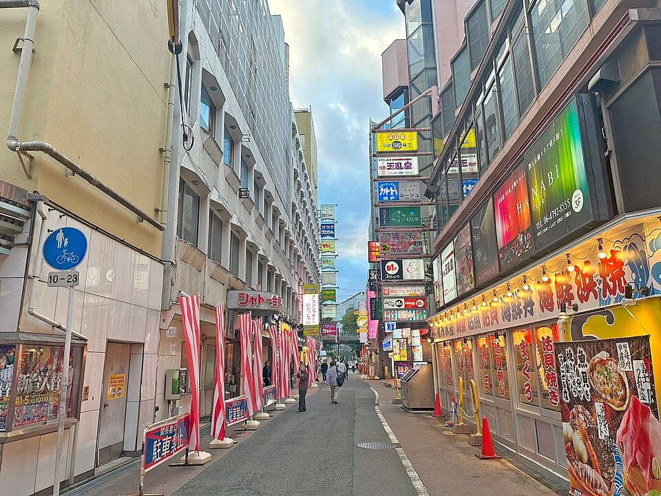 Restaurants and shops along a shopping street in Kyobashi