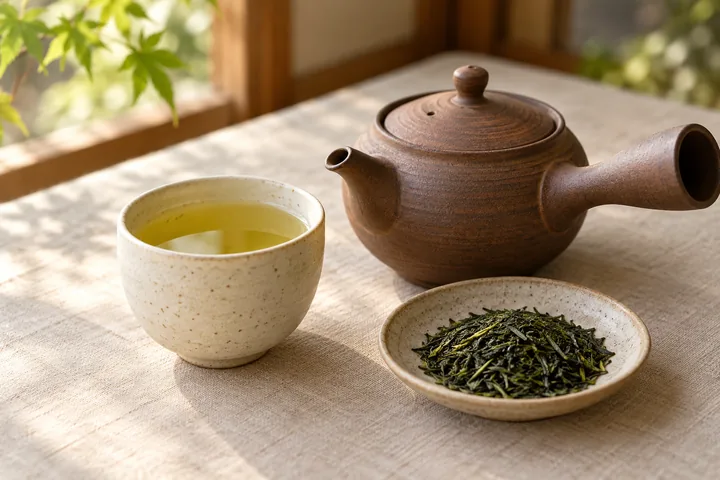 Hình minh họa ấm trà kyusu, sencha và lá trà