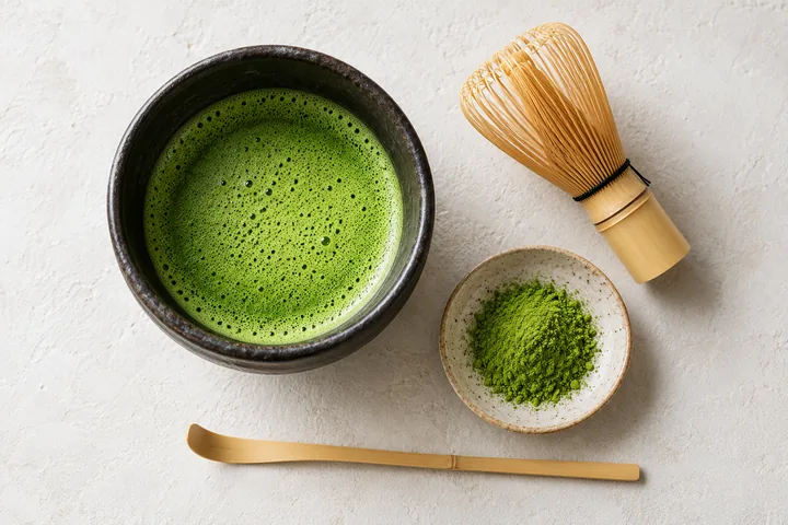 Hình minh họa bát matcha, que tre và bột matcha