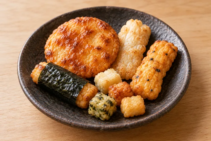 Hình minh họa senbei, okaki bọc nori và arare