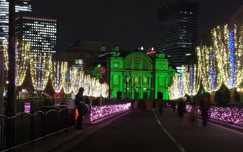 Seasonal lights around Osaka City Central Public Hall at night