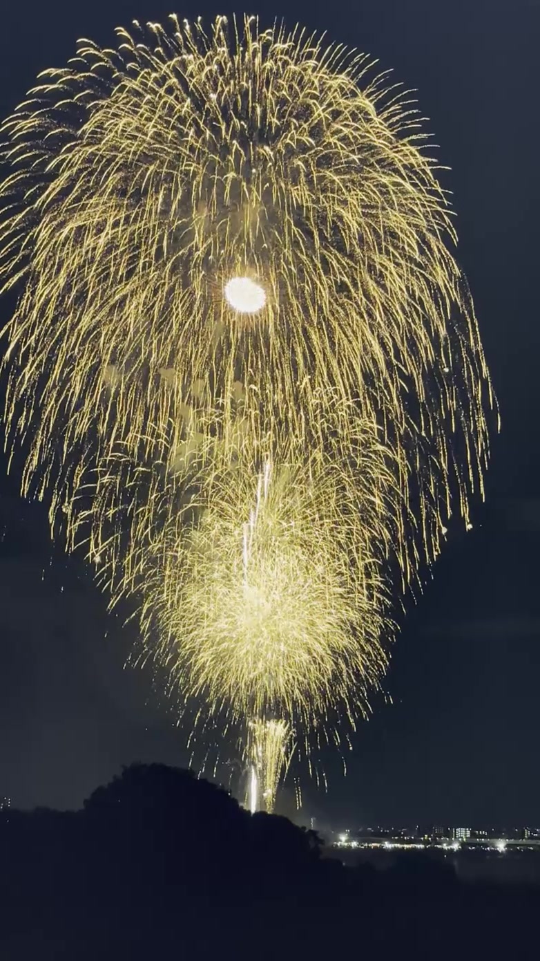 Golden fireworks filling the sky above the Hirakata riverside