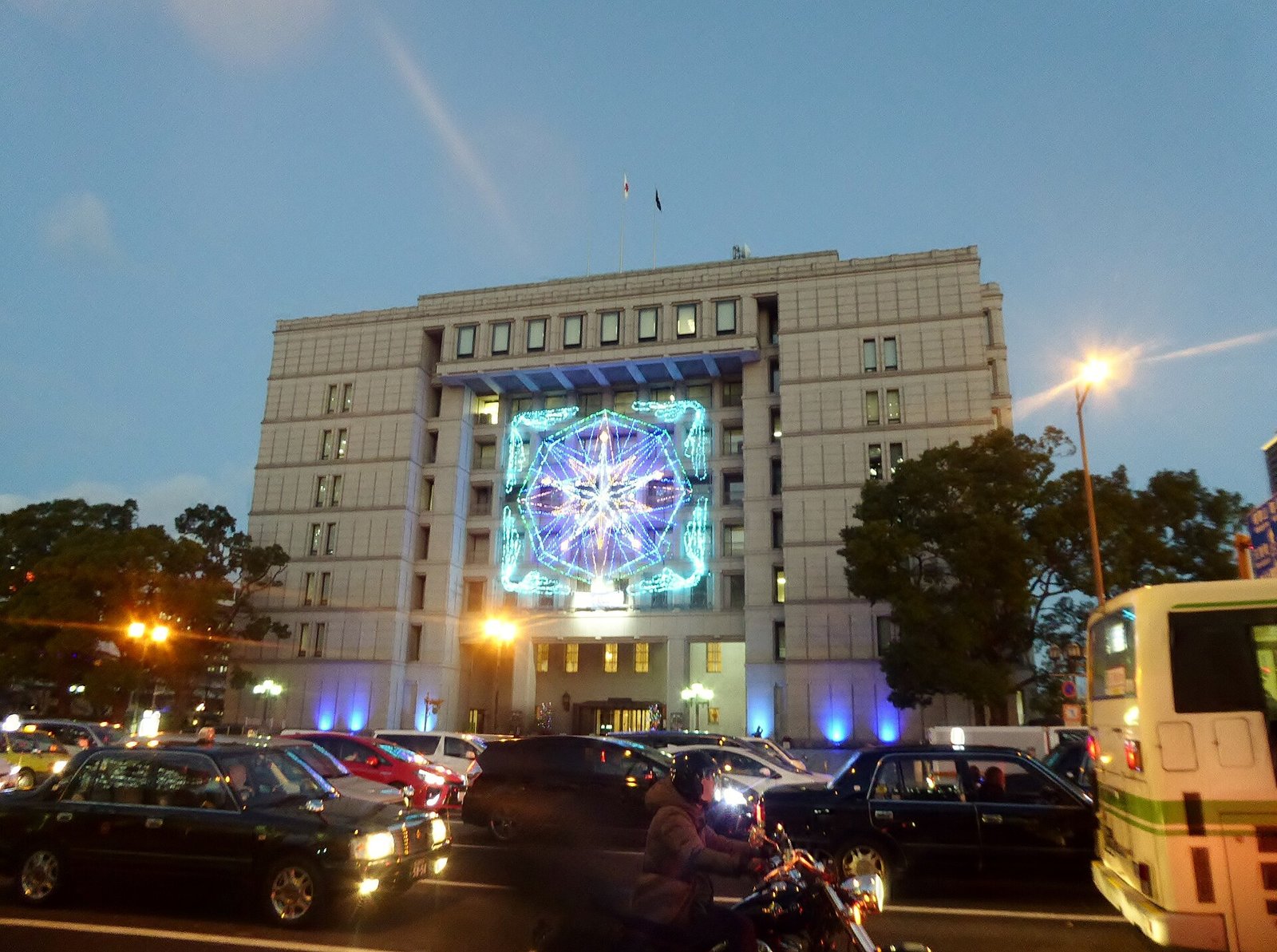Seasonal lighting on the facade of Osaka City Hall at night