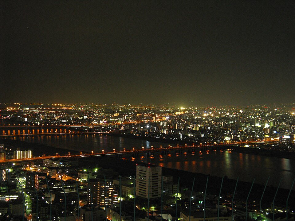 Osaka’s city lights seen westward from Umeda Sky Building