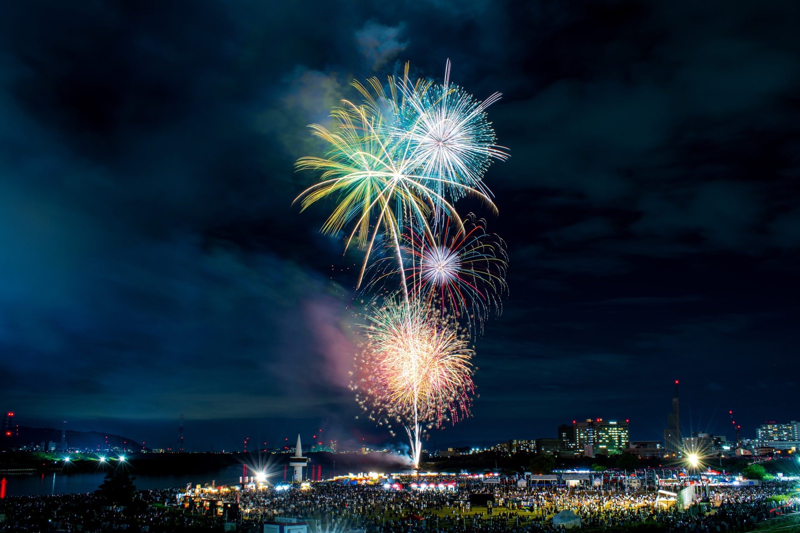 Colorful fireworks above the Yodogawa riverside at Suito Kurawanka