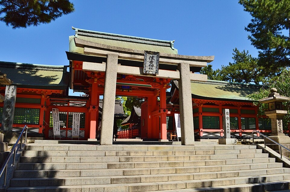 The stone Kaku-torii gate in front of Sumiyoshi Taisha