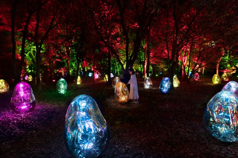 Visitors among glowing sculptures in the nighttime garden at teamLab Botanical Garden Osaka