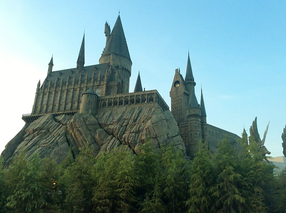Hogwarts Castle rising above the Wizarding World area at Universal Studios Japan